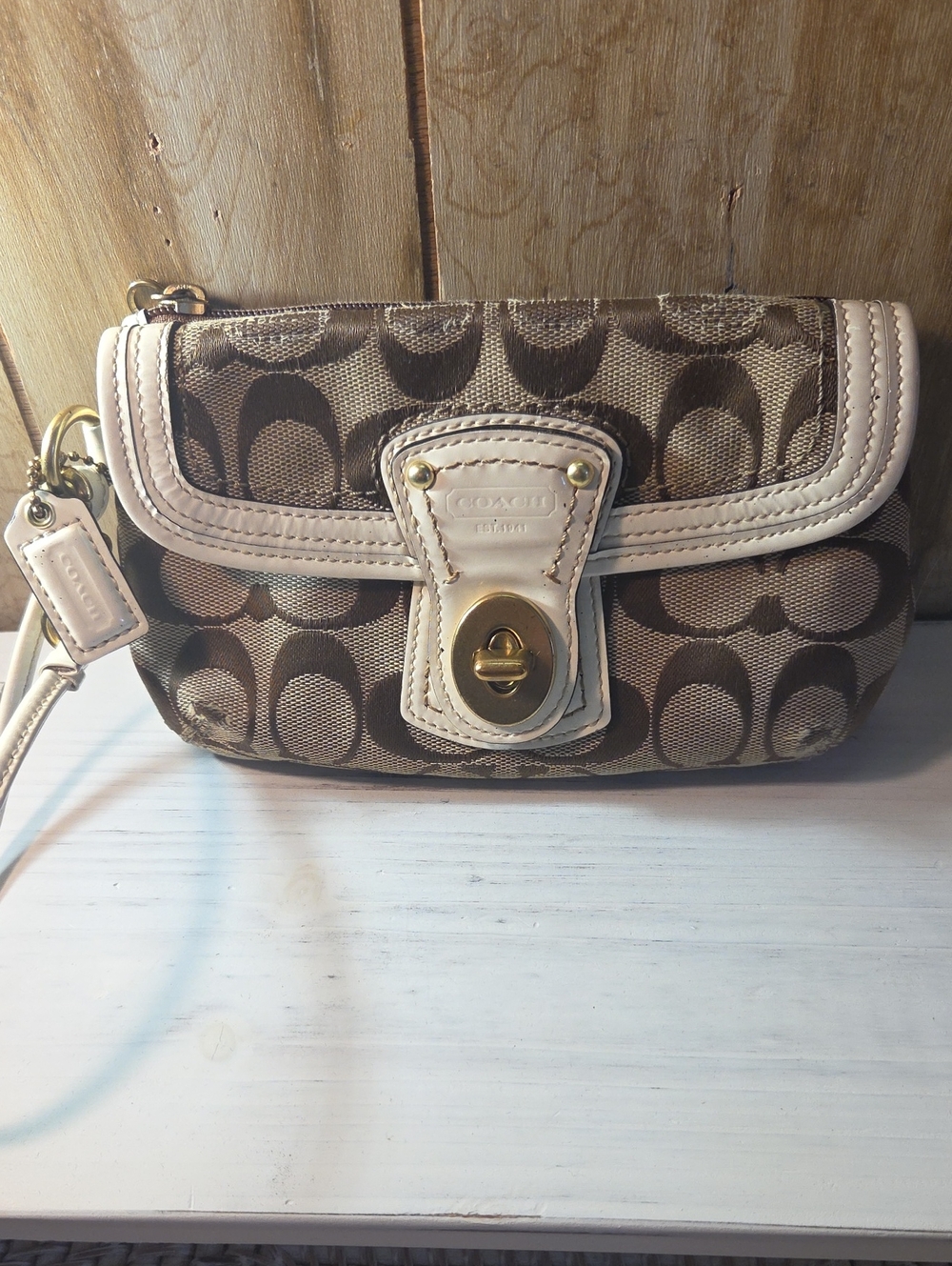 Coach Brown Signature Canvas Wristlet with Chalk Trim